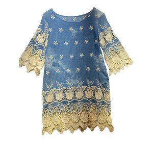 Vintage Womens Floral Crochet Embroidered Shift Dress Size S Blue Lace Boho
